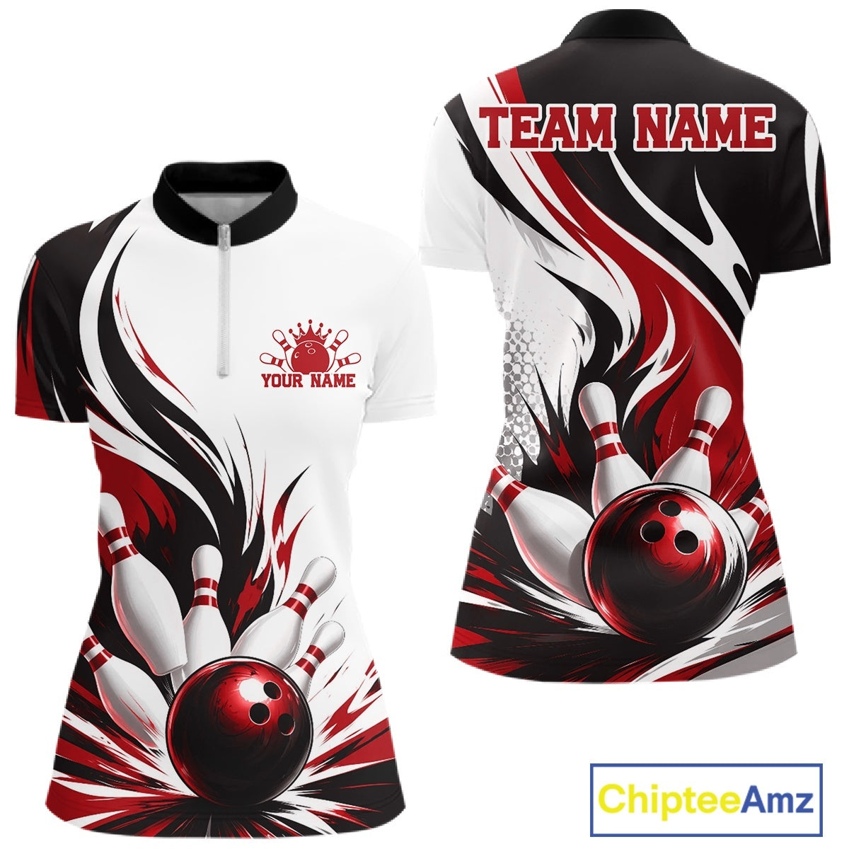 Front and back view of a women's bowling quarter zip mockup featuring a flaming bowling ball striking pins design on a white, black, and red shirt.