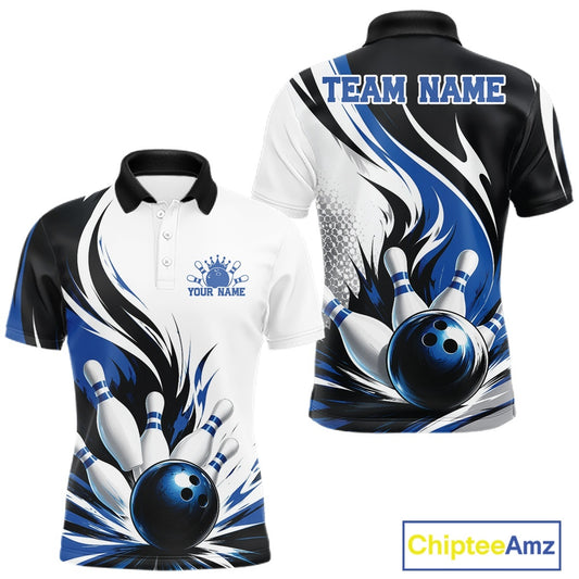 Front and back view of a men's bowling polo shirt mockup featuring a flaming bowling ball striking pins design on a white, black, and blue shirt.