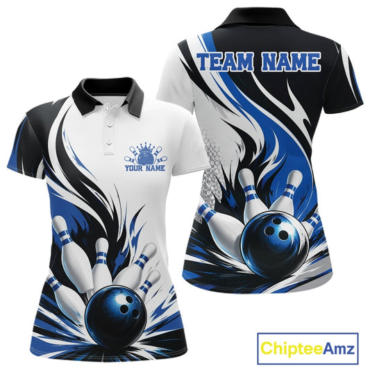 Front and back view of a women's bowling polo shirt mockup showcasing a flaming bowling ball striking pins artwork on a white, black, and blue shirt.