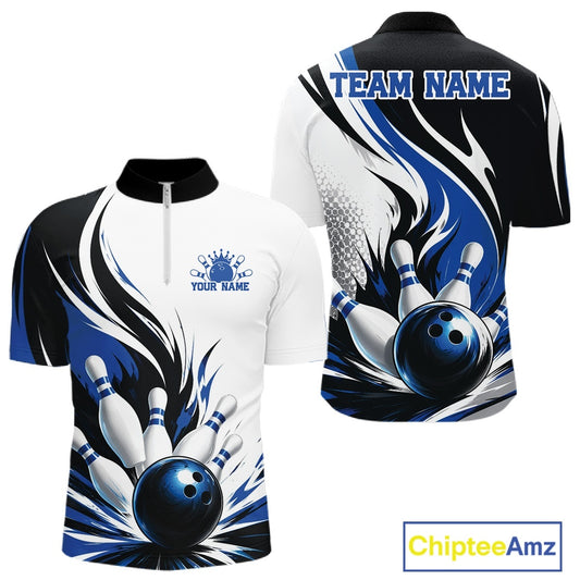 Front and back view of a men's bowling quarter zip shirt mockup featuring a flaming bowling ball striking pins design on a white, black, and blue shirt.