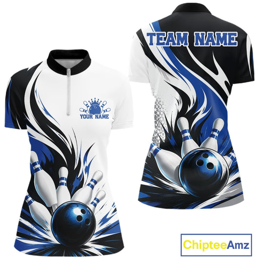 Front and back view of a women's bowling quarter zip mockup featuring a flaming bowling ball striking pins design on a white, black, and blue shirt.