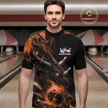 Load image into Gallery viewer, Custom Black And Orange Flame Dragon Bowling Men Quarter-Zip Shirt, Dragon Bowling League Shirt IPHW10275