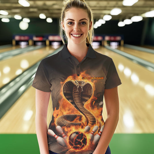 Custom Flame Cobra Snake Bowling Team Polo Shirts For Women, Bowling Tournament Outfit IPHW8666