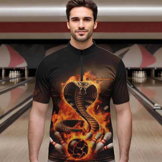 Custom Flame Cobra Snake Bowling Team Quarter-Zip Shirts For Men, Bowling Tournament Outfit IPHW8666
