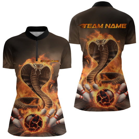 Custom Flame Cobra Snake Bowling Team Womens Quarter-Zip Shirts, Bowling Tournament Outfit IPHW8666