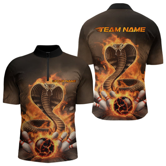 Custom Flame Cobra Snake Bowling Team Quarter-Zip Shirts For Men, Bowling Tournament Outfit IPHW8666