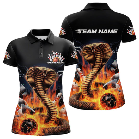 Custom Flame Cobra Snake Bowling Team Polo Shirts For Women, Bowling Tournament Outfit IPHW8667