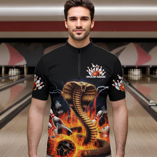Custom Flame Cobra Snake Bowling Team Quarter-Zip Shirts For Men, Bowling Tournament Outfit IPHW8667