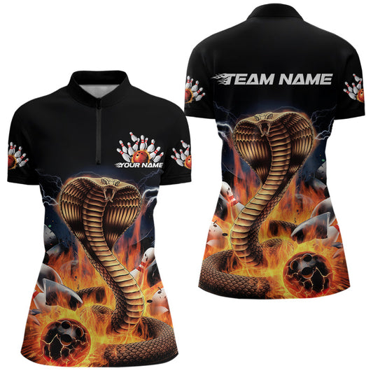 Custom Flame Cobra Snake Bowling Team Womens Quarter-Zip Shirts, Bowling Tournament Outfit IPHW8667