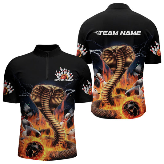 Custom Flame Cobra Snake Bowling Team Quarter-Zip Shirts For Men, Bowling Tournament Outfit IPHW8667