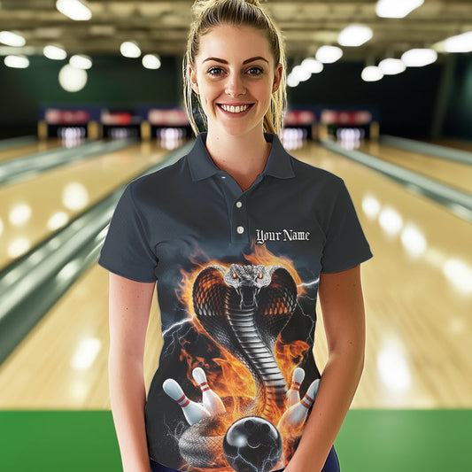 Custom Flame Cobra Snake Bowling Team Polo Shirts For Women, Bowling Tournament Outfit IPHW8668