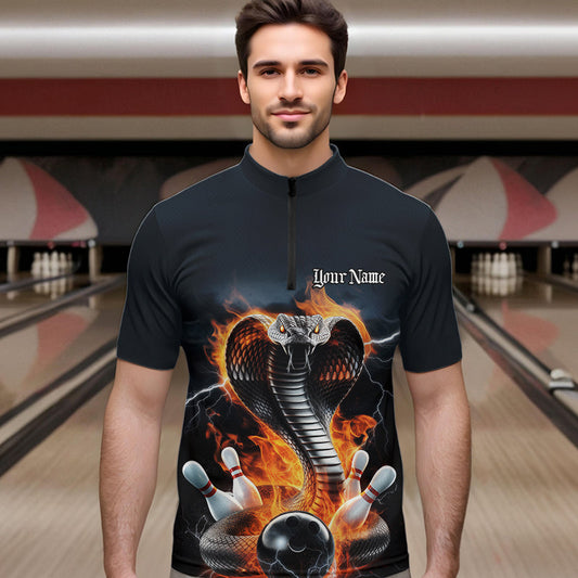 Custom Flame Cobra Snake Bowling Team Quarter-Zip Shirts For Men, Bowling Tournament Outfit IPHW8668