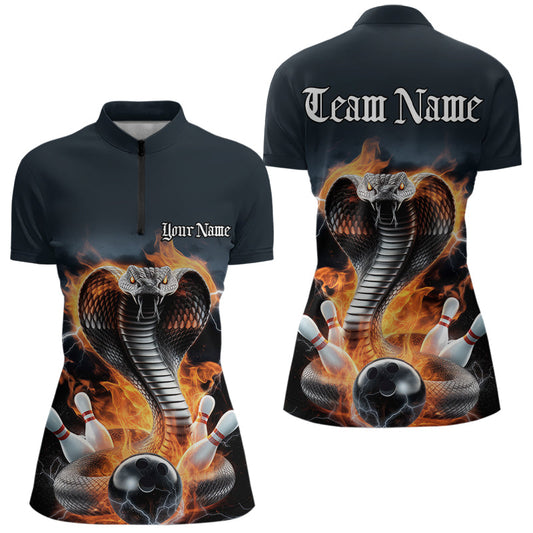 Custom Flame Cobra Snake Bowling Team Womens Quarter-Zip Shirts, Bowling Tournament Outfit IPHW8668
