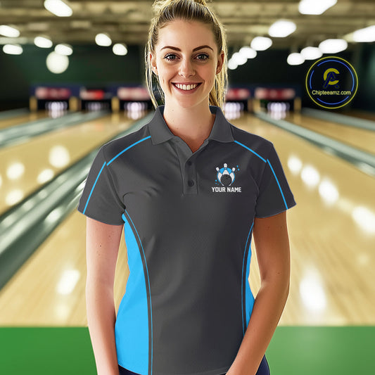 Custom Black And Ball Blue Classic Bowling Team Women Polo Shirt, Bowling League Shirt IPHW9911