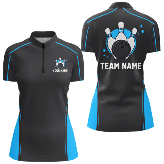 Custom Black And Ball Blue Classic Bowling Women Quarter-Zip Shirt, Bowling League Shirt IPHW9911