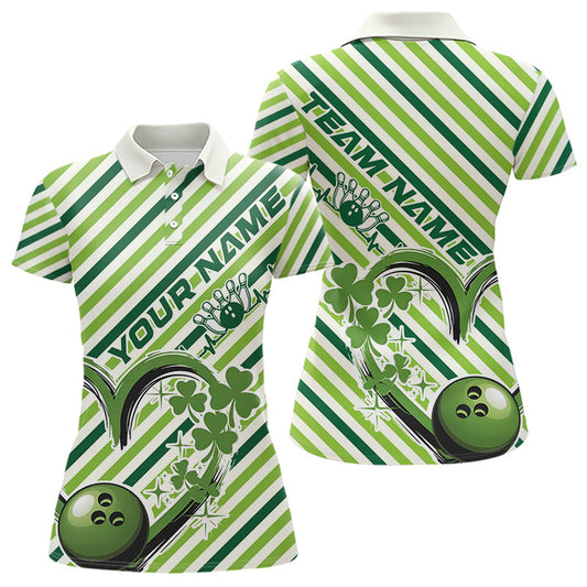 Custom Saint Patricks Day Heart Bowling Womens Polo Shirt, Lucky Bowling Team League Shirt IPHW8683