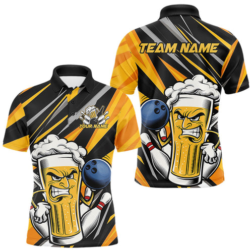 Custom Black And Yellow Funny Beer Bowling Men Polo Shirts, Angry Beer Glass Bowling Jersey IPHW8933
