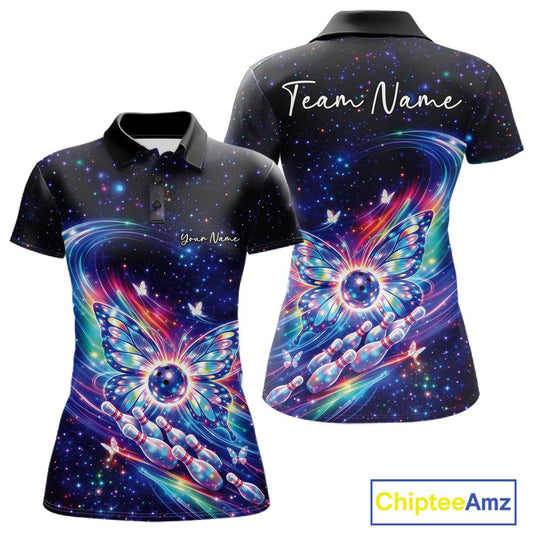 Front and back display of a colorful women’s bowling polo shirt with glowing butterfly wings surrounding a bowling ball and vibrant galaxy accents.