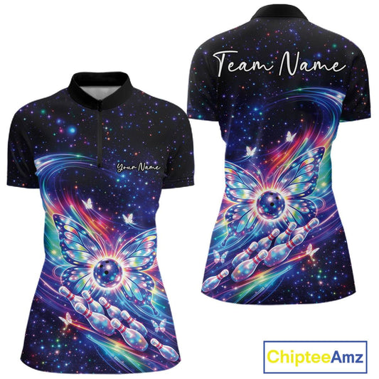 Front and back view of a colorful women’s bowling quarter-zip shirt with glowing butterfly wings surrounding a bowling ball and vibrant galaxy accents.