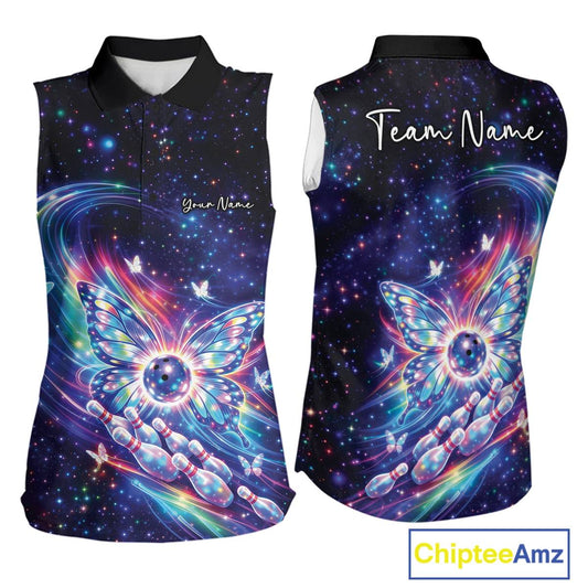 Colorful women’s sleeveless bowling shirt shown from front and back with glowing butterfly wings, a bowling ball centerpiece, and galaxy accents.