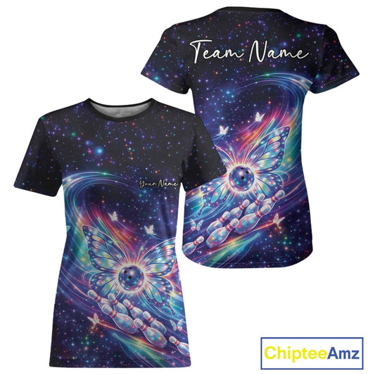 Colorful women’s crewneck bowling shirt displayed from front and back with glowing butterfly wings around a bowling ball and vibrant galaxy graphics.