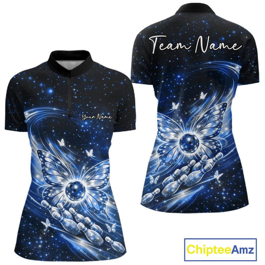 Front and back display of a blue women’s bowling quarter-zip shirt with glowing butterfly wings around a bowling ball and galaxy-inspired graphics.