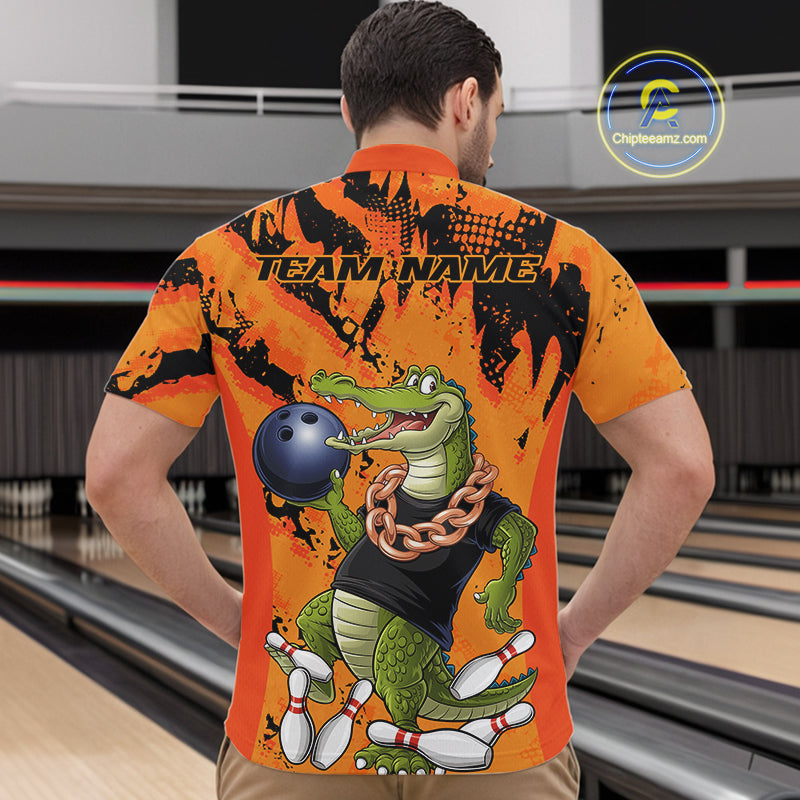 Custom Funny Alligator Bowling Quarter-Zip Shirt For Men, Grunge Orange Bowling Team Jerseys IPHW9923