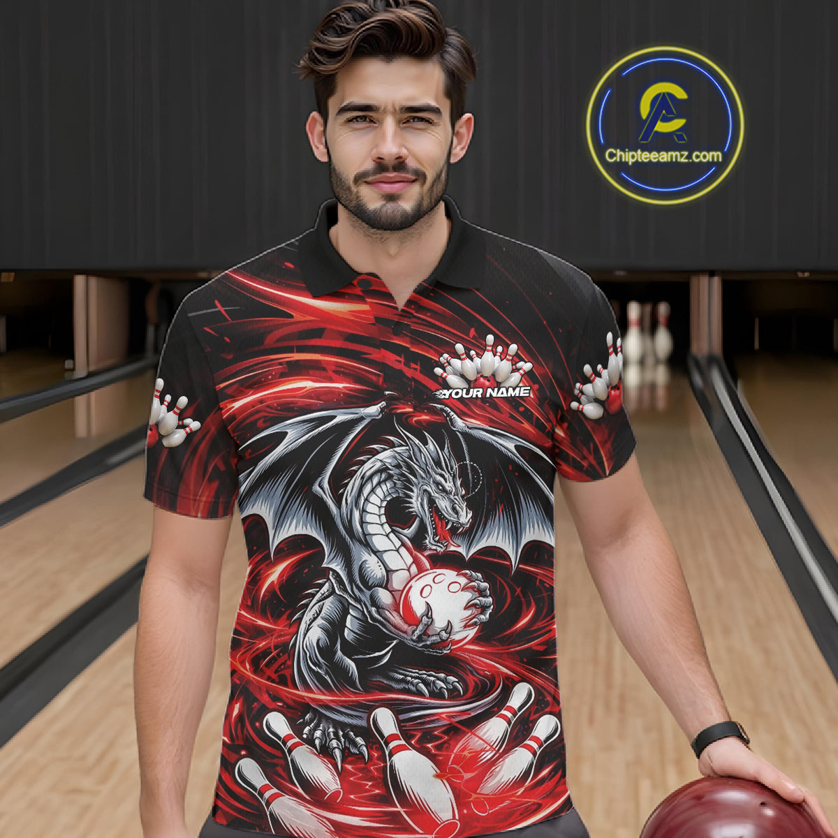 Custom Black And Red Fire Flame Dragon Bowling Jerseys Bowling Team Men Polo Shirt IPHW10291