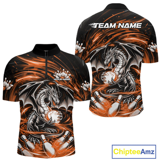 Custom Black And Orange Fire Flame Dragon Bowling Jerseys Bowling Team Men Quarter-Zip Shirt IPHW10293