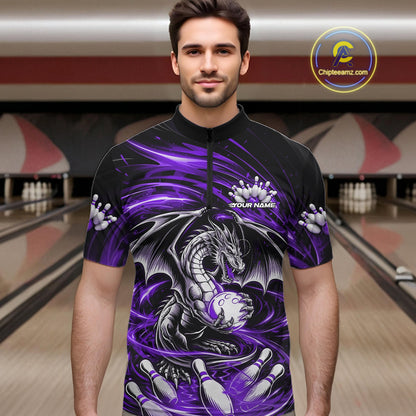 Custom Black And Purple Fire Flame Dragon Bowling Jerseys Bowling Team Men Quarter-Zip Shirt IPHW10295