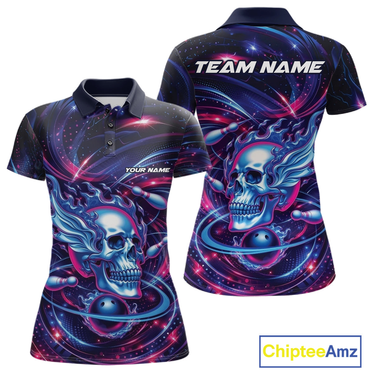 Custom Galaxy Flame Skull Bowling Team Women Polo Shirt, Bowling Tournament Outfit IPHW10296