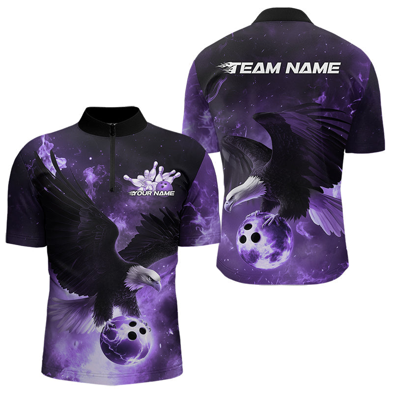 Custom Purple Flame Eagle Bowling Quarter-Zip Shirts For Men, Ealge Bowling Team Shirt With Name IPHW8448