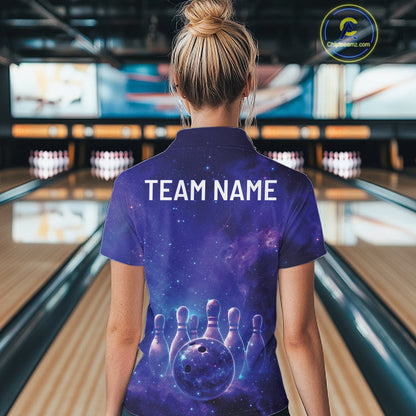 Custom Purple And Blue Galaxy Bowling Team Shirts For Women, Sparkling Sky Bowling Jerseys IPHW10530