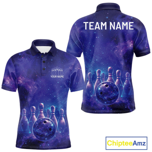 Custom Purple And Blue Galaxy Bowling Team Shirts For Men, Sparkling Sky Bowling Jerseys IPHW10530
