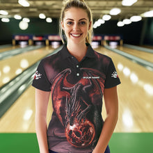 Load image into Gallery viewer, Black And Orange Custom Bowling Team Polo Shirts For Women, Dragon Bowling League Shirts IPHW8692