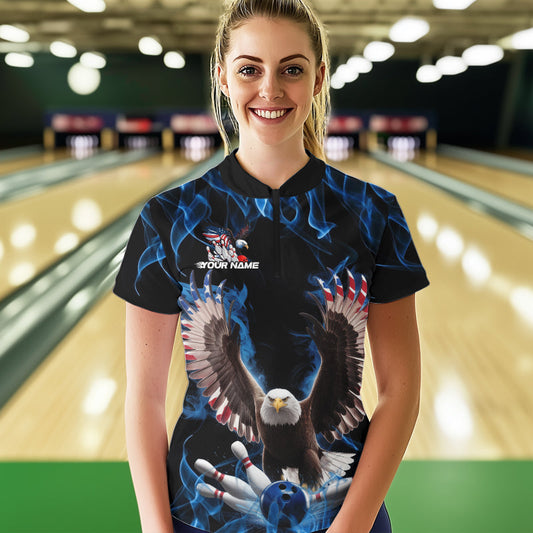 Personalized Blue Flame US Eagle Bowling Women Quarter-Zip Shirts, Patriotic Bowling Shirt IPHW8935