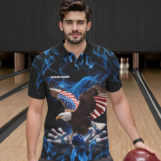 Custom Blue Flame US Eagle Bowling Men Polo Shirts, American Patriotic Bowling League Shirt IPHW8936