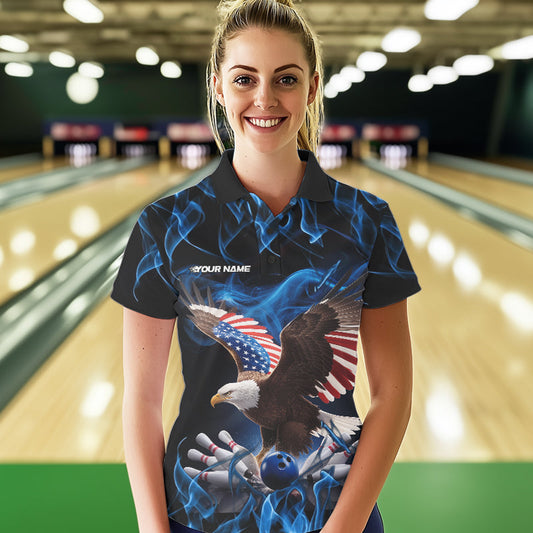 Custom Blue Flame US Eagle Bowling Women Polo Shirt, Patriotic Bowling League Shirt IPHW8936
