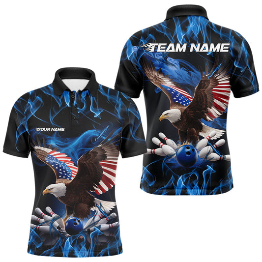 Custom Blue Flame US Eagle Bowling Men Polo Shirts, American Patriotic Bowling League Shirt IPHW8936