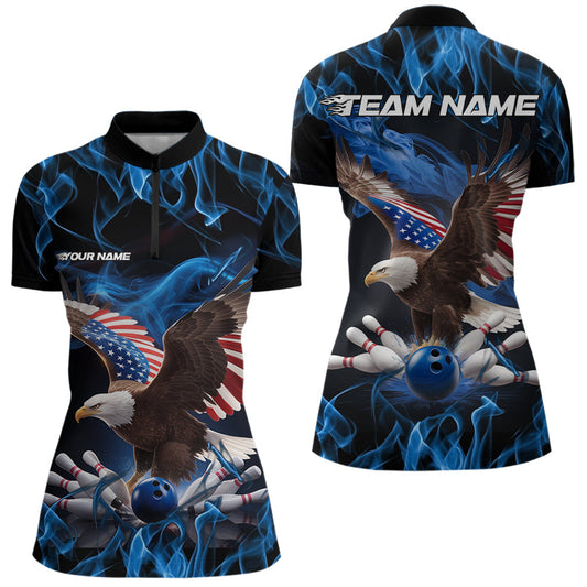 Custom Blue Flame US Eagle Bowling Women Quarter-Zip Shirts, Patriotic Bowling Shirt IPHW8936