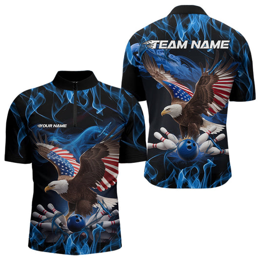 Custom Blue Flame US Eagle Bowling Men Quarter-Zip Shirts, American Patriotic Bowling League Shirt IPHW8936