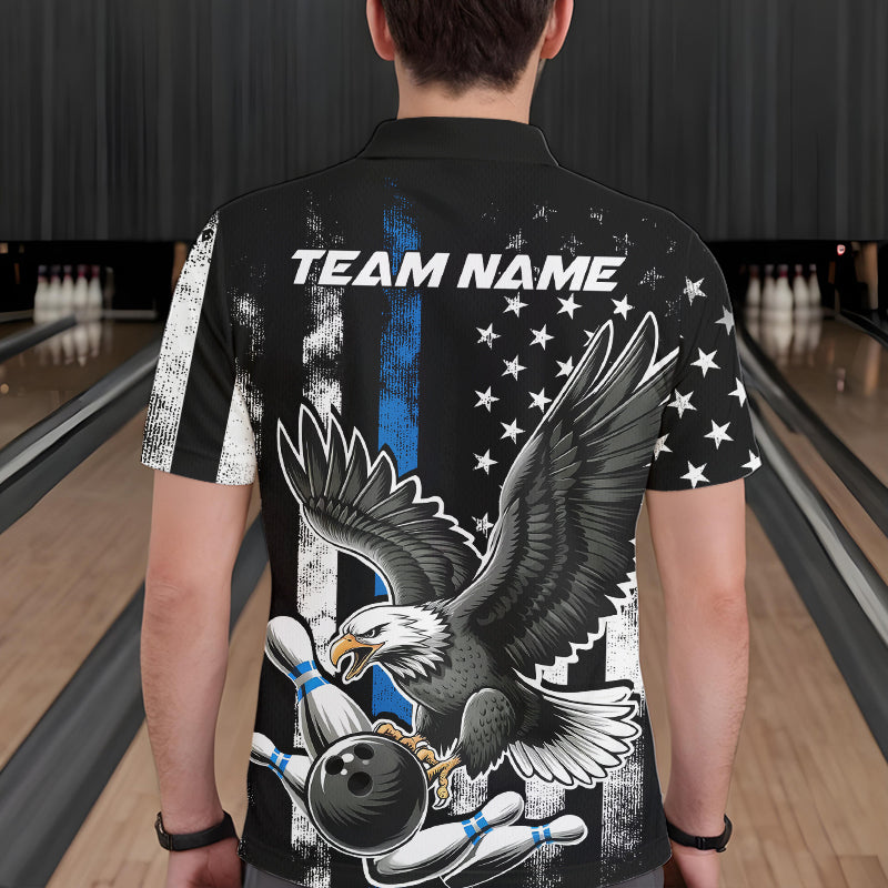 Custom Blue Line American Flag Eagle Bowling Men Polo Shirt, Patriotic US Bowling Shirt IPHW8941