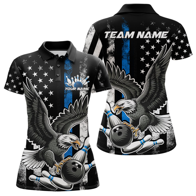 Custom Blue Line American Flag Eagle Bowling Women Polo Shirt, Patriotic US Bowling Shirt IPHW8941