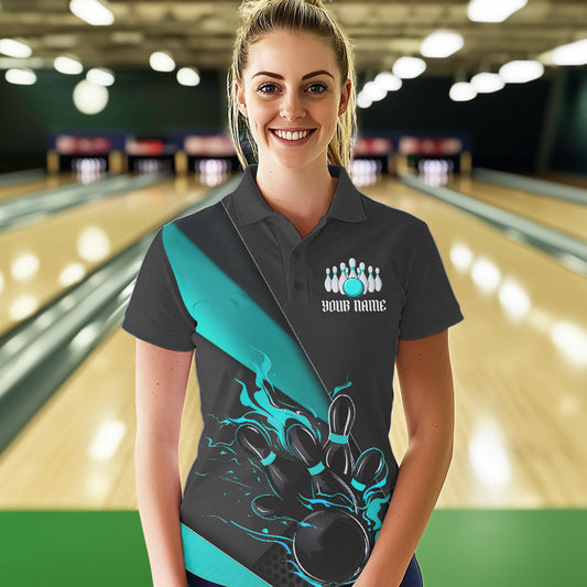 Custom Black And Blue Flame Duckpin Bowling Team Women Polo Shirt,Bowling Tournament Outfit IPHW8946