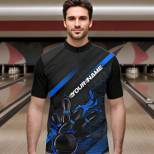 Custom Black And Blue Flame Duckpin Bowling Quarter-Zip Shirts For Men, Bowling Team League Shirt IPHW8949
