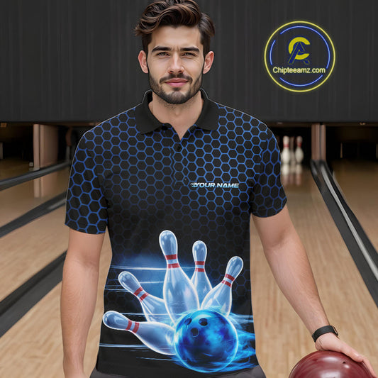Custom Black And Blue Hexagon Flame Bowling Polo Shirts For Men, Bowling Team Shirt IPHW9389