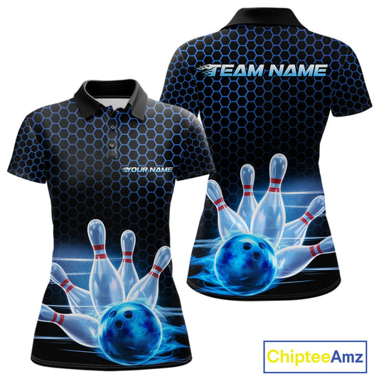 Custom Black And Blue Hexagon Flame Bowling Polo Shirts For Women, Bowling Team Shirt IPHW9389