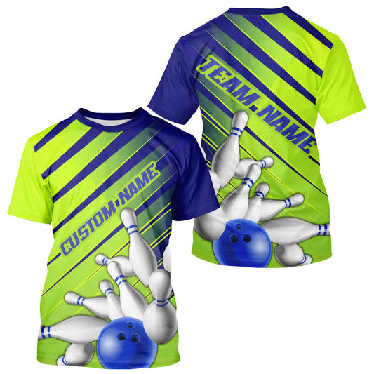 Blue And Green Strike Bowling For Women, Custom Name Bowling Team Jerseys IPHW6189