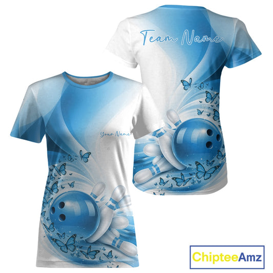 White and blue sports jersey with  butterfly bowling design