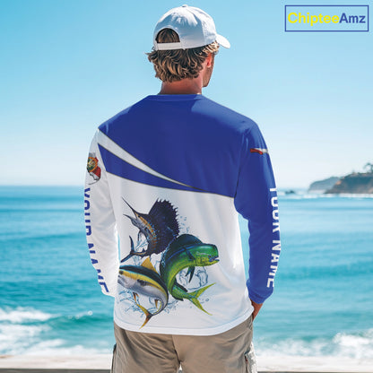 Person wearing a long-sleeve shirt with fish graphics by the ocean, with 'ChipteeAmz' branding.